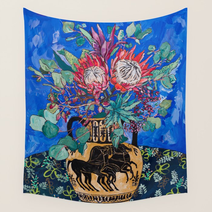 Painterly Bouquet of Proteas in Greek Horse Urn on Blue Wall Tapestry Gallery Image 1