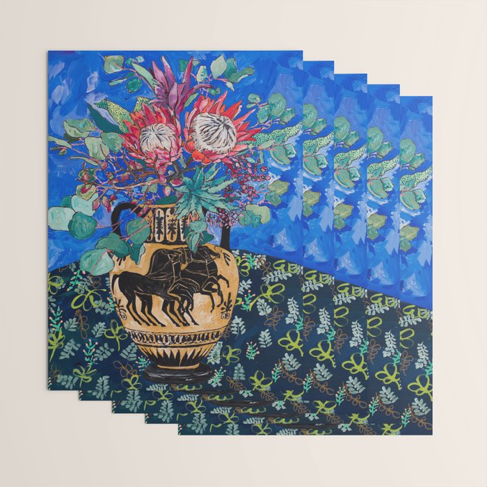 Painterly Bouquet of Proteas in Greek Horse Urn on Blue Wrapping Paper Gallery Image 3