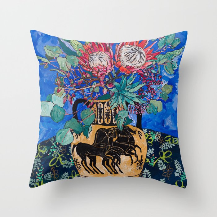 Painterly Bouquet of Proteas in Greek Horse Urn on Blue Throw Pillow Gallery Image 1