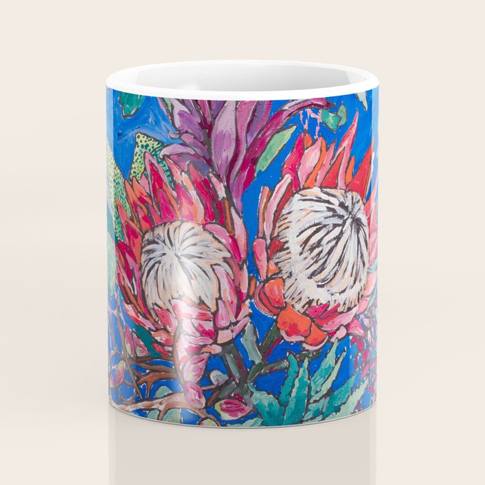 Painterly Bouquet of Proteas in Greek Horse Urn on Blue Coffee Mug Gallery Image 4