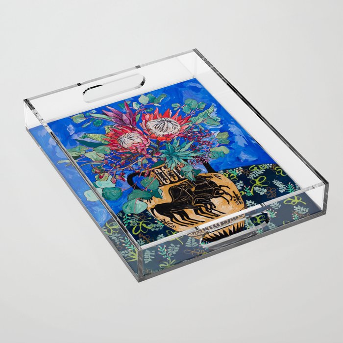 Painterly Bouquet of Proteas in Greek Horse Urn on Blue Acrylic Tray Gallery Image 1