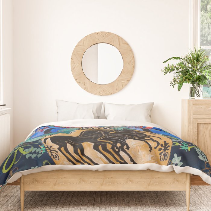 Painterly Bouquet of Proteas in Greek Horse Urn on Blue Duvet Cover Gallery Image 3