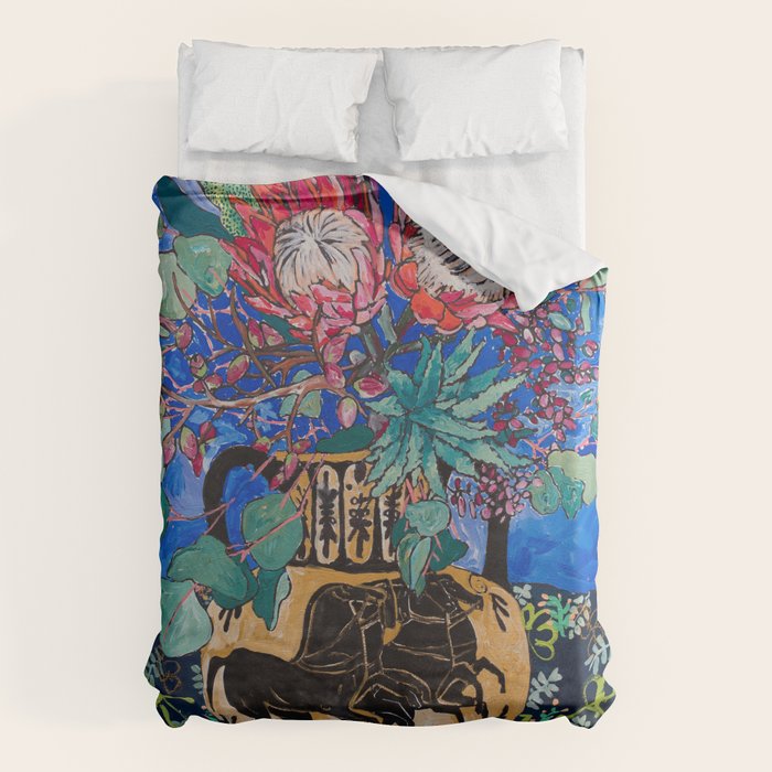 Painterly Bouquet of Proteas in Greek Horse Urn on Blue Duvet Cover Gallery Image 1