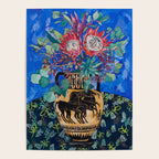 Painterly Bouquet of Proteas in Greek Horse Urn on Blue Poster Gallery Image 4
