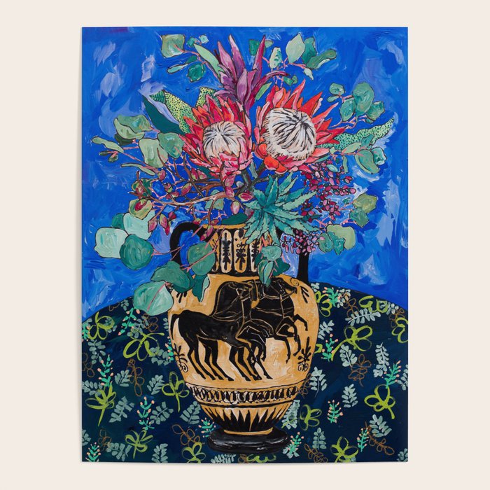 Painterly Bouquet of Proteas in Greek Horse Urn on Blue Poster Gallery Image 4