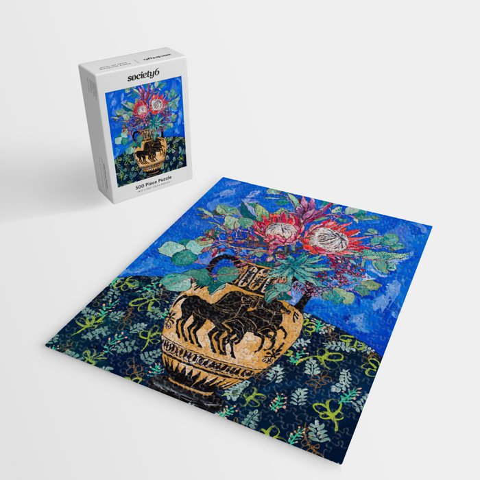 Painterly Bouquet of Proteas in Greek Horse Urn on Blue Jigsaw Puzzle Gallery Image 2