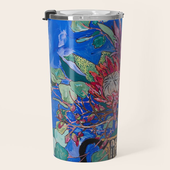 Painterly Bouquet of Proteas in Greek Horse Urn on Blue Travel Mug Gallery Image 3