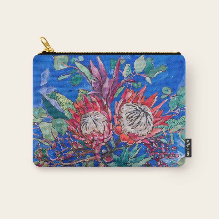 Painterly Bouquet of Proteas in Greek Horse Urn on Blue Carry All Pouch Gallery Image 1