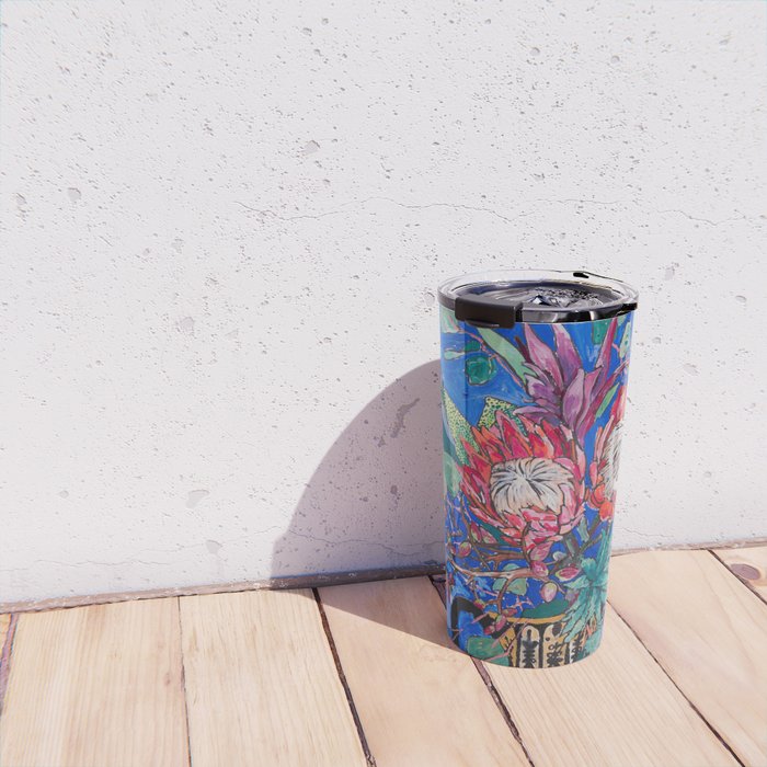 Painterly Bouquet of Proteas in Greek Horse Urn on Blue Travel Mug Gallery Image 4