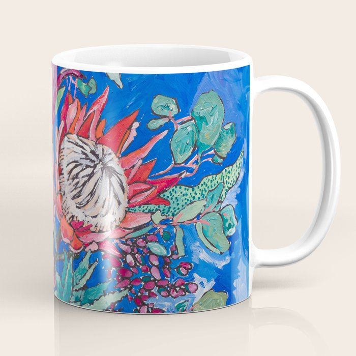 Painterly Bouquet of Proteas in Greek Horse Urn on Blue Coffee Mug Gallery Image 1