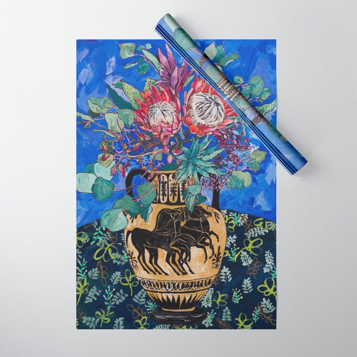 Painterly Bouquet of Proteas in Greek Horse Urn on Blue Wrapping Paper Gallery Image 1