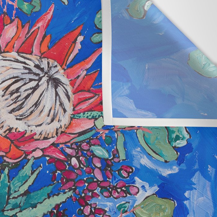 Painterly Bouquet of Proteas in Greek Horse Urn on Blue Wall Tapestry Gallery Image 3