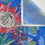 Painterly Bouquet of Proteas in Greek Horse Urn on Blue Wall Tapestry Gallery Image 3