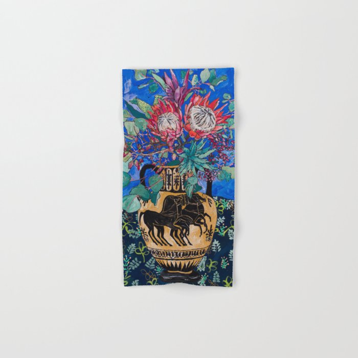 Painterly Bouquet of Proteas in Greek Horse Urn on Blue Towels Gallery Image 1