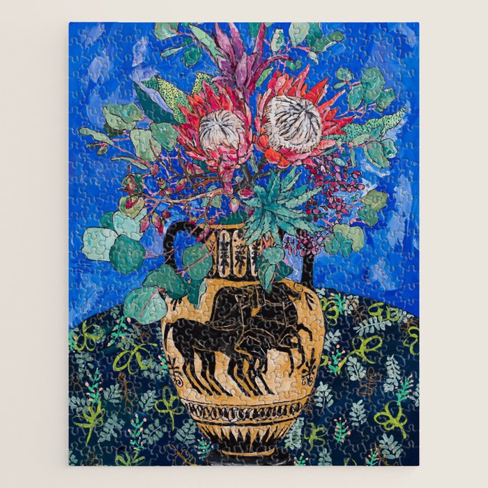 Painterly Bouquet of Proteas in Greek Horse Urn on Blue Jigsaw Puzzle Gallery Image 1