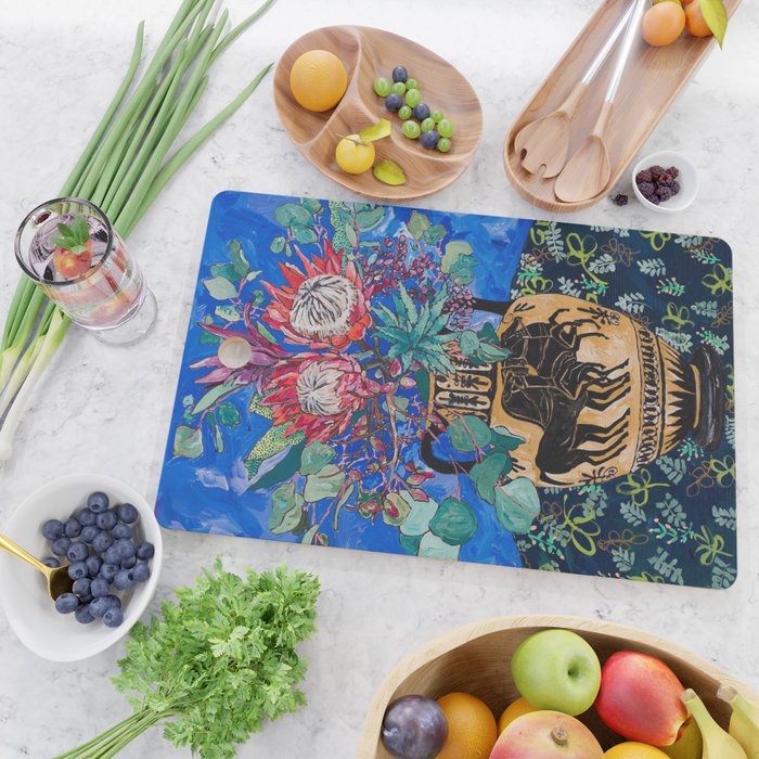Painterly Bouquet of Proteas in Greek Horse Urn on Blue Cutting Board Gallery Image 2