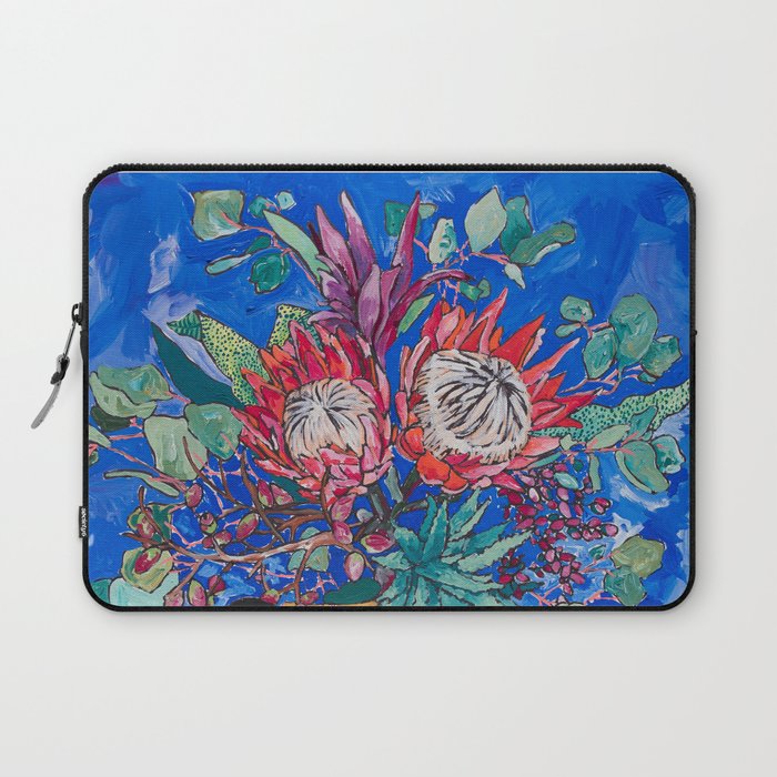 Painterly Bouquet of Proteas in Greek Horse Urn on Blue Laptop Sleeve Gallery Image 1