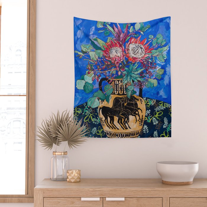 Painterly Bouquet of Proteas in Greek Horse Urn on Blue Wall Tapestry Gallery Image 2