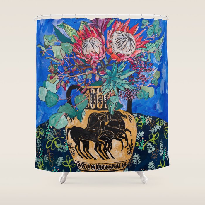 Painterly Bouquet of Proteas in Greek Horse Urn on Blue Shower Curtain Gallery Image 1