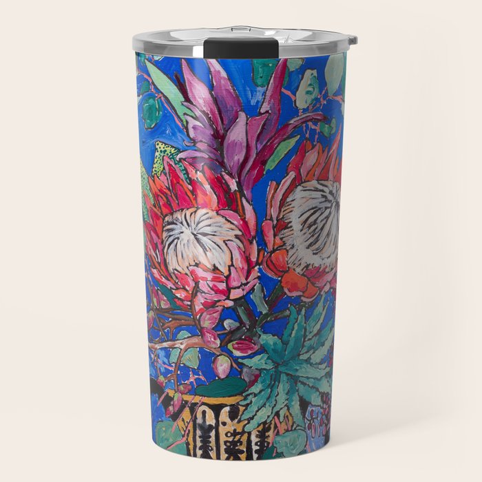 Painterly Bouquet of Proteas in Greek Horse Urn on Blue Travel Mug Gallery Image 1