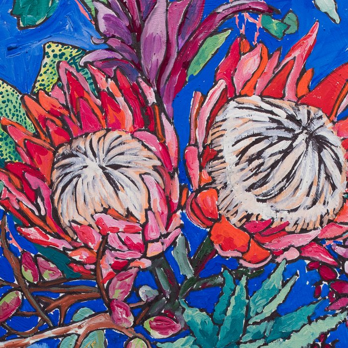 Painterly Bouquet of Proteas in Greek Horse Urn on Blue Coffee Mug Gallery Image 2