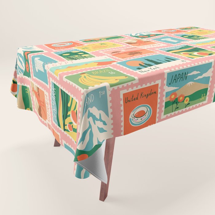 Vintage world travel postage stamp sticker pattern Tablecloth Gallery Image 1