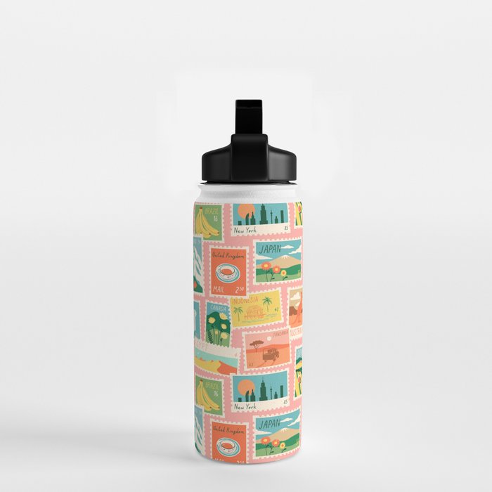 Vintage world travel postage stamp sticker pattern Water Bottle Gallery Image 2