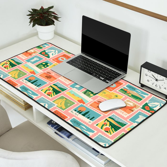 Vintage world travel postage stamp sticker pattern Desk Mat Gallery Image 2