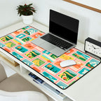 Vintage world travel postage stamp sticker pattern Desk Mat Gallery Image 2