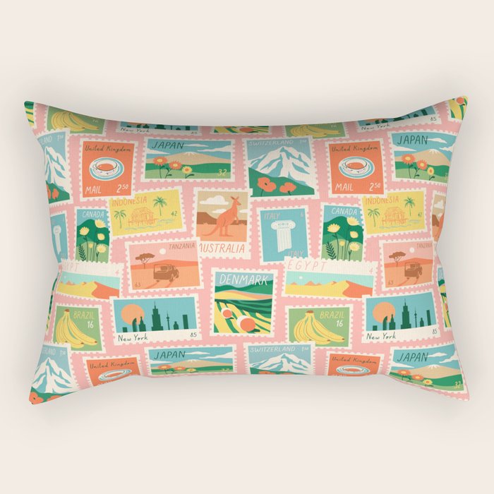 Vintage world travel postage stamp sticker pattern Rectangular Pillow Gallery Image 1