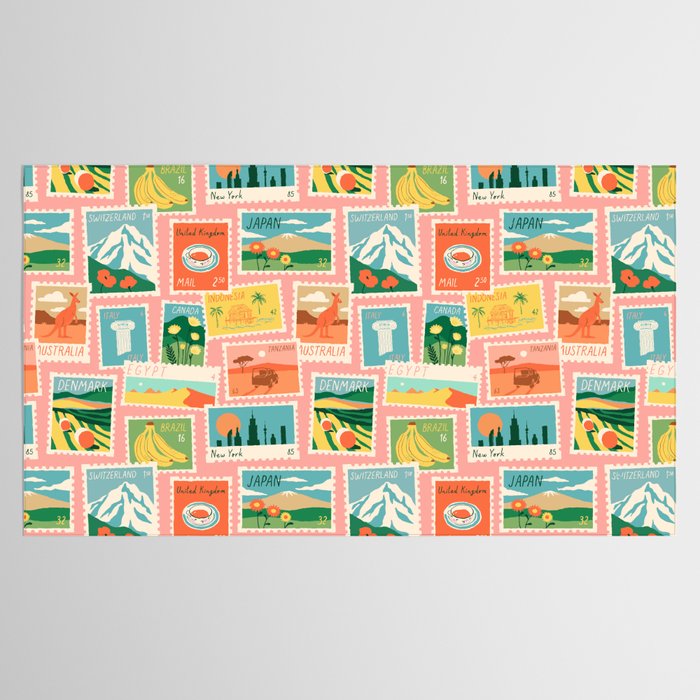 Vintage world travel postage stamp sticker pattern Tablecloth Gallery Image 2