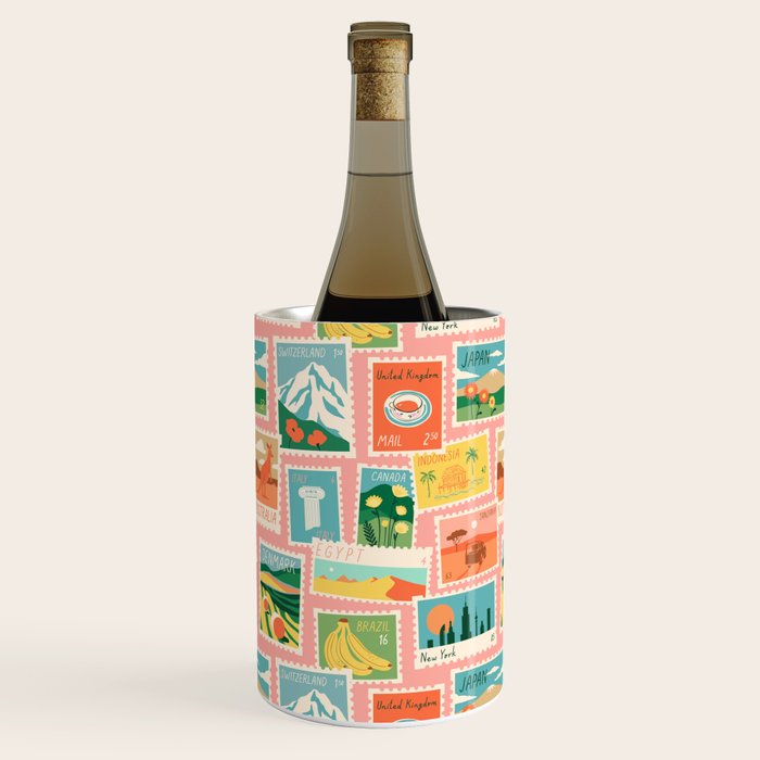 Vintage world travel postage stamp sticker pattern Wine Chiller Gallery Image 2