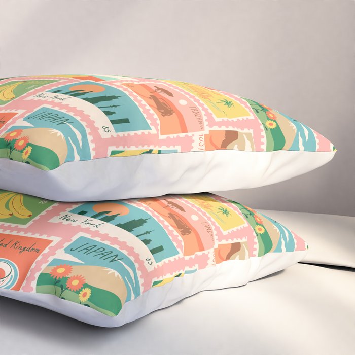Vintage world travel postage stamp sticker pattern Pillow Sham Gallery Image 3