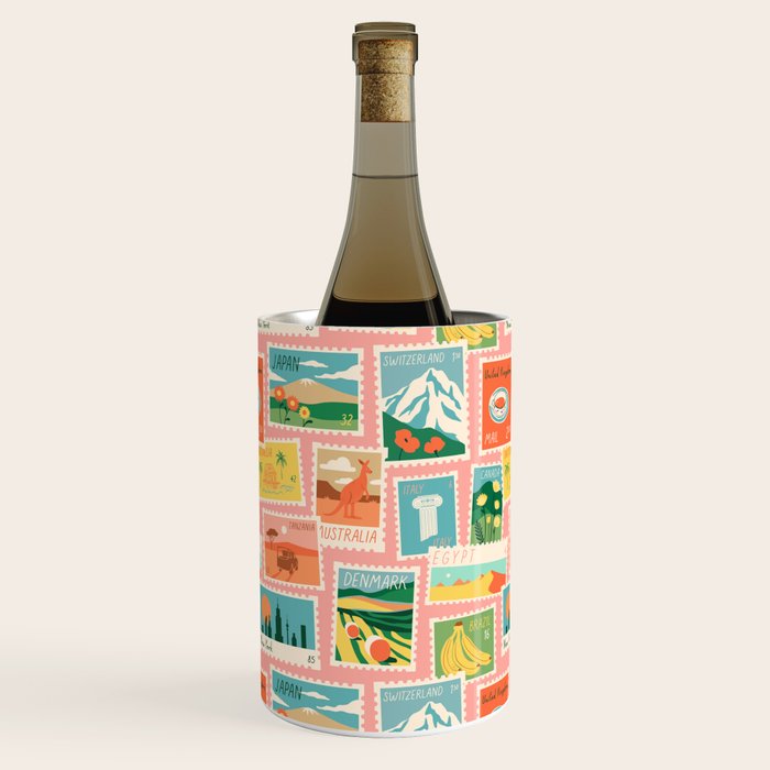 Vintage world travel postage stamp sticker pattern Wine Chiller Gallery Image 1