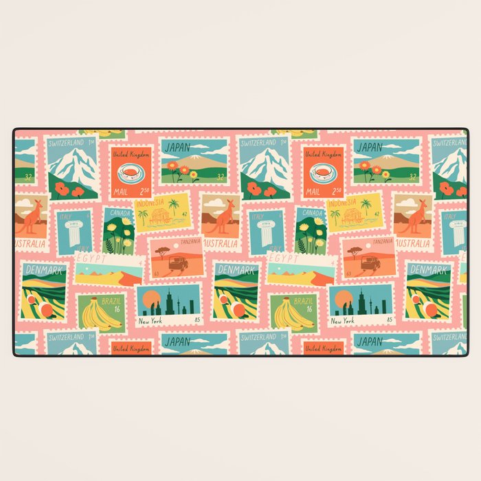 Vintage world travel postage stamp sticker pattern Desk Mat Gallery Image 3