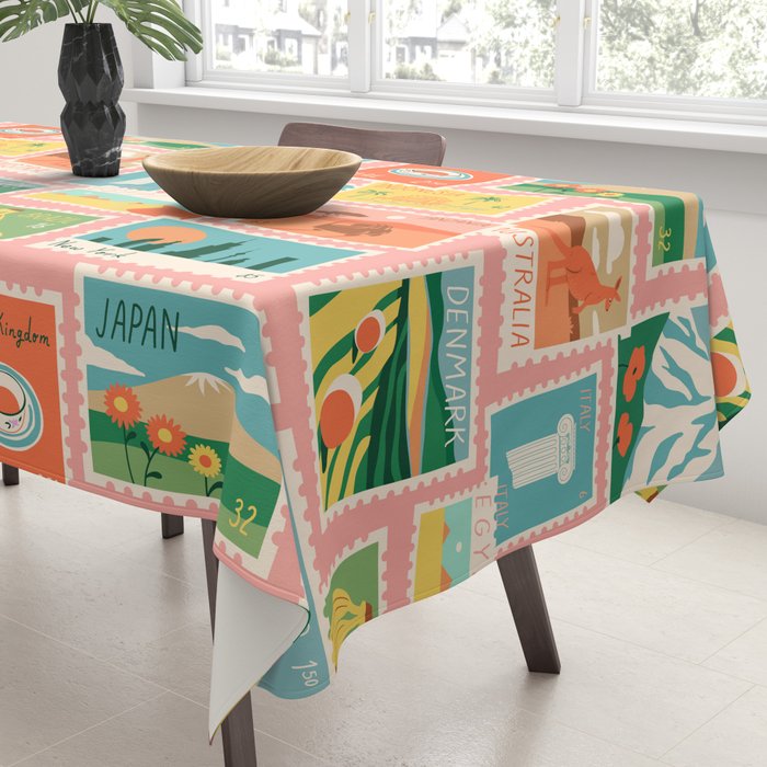 Vintage world travel postage stamp sticker pattern Tablecloth Gallery Image 3