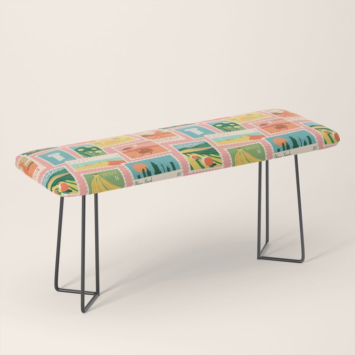 Vintage world travel postage stamp sticker pattern Bench Gallery Image 1