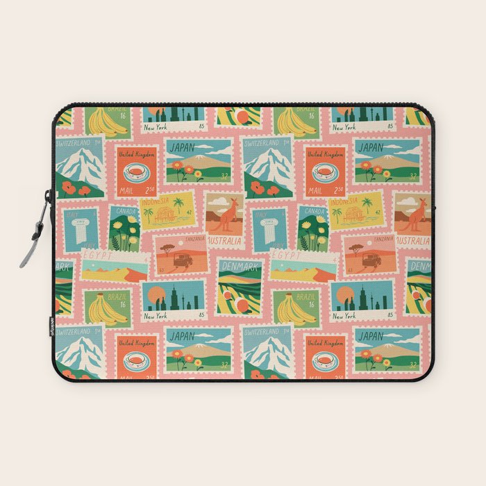 Vintage world travel postage stamp sticker pattern Laptop Sleeve Gallery Image 1