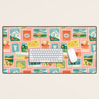 Vintage world travel postage stamp sticker pattern Desk Mat Gallery Image 1