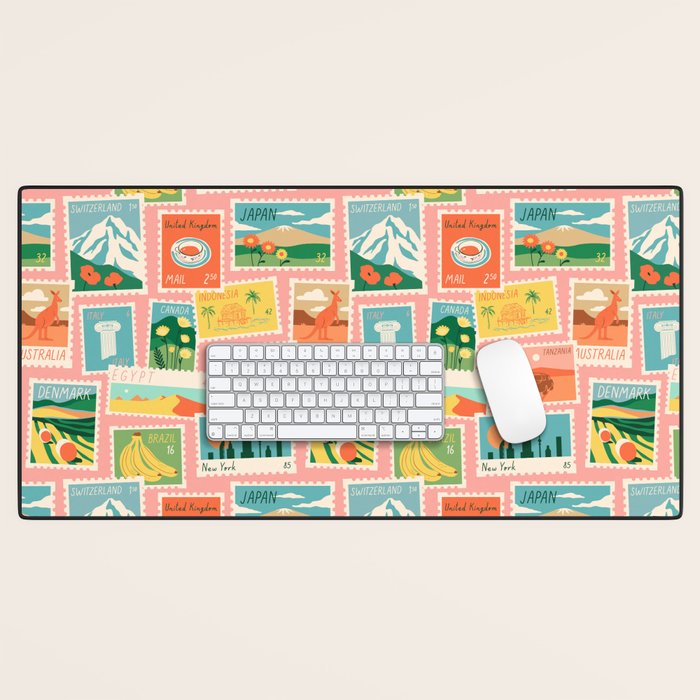 Vintage world travel postage stamp sticker pattern Desk Mat Gallery Image 1