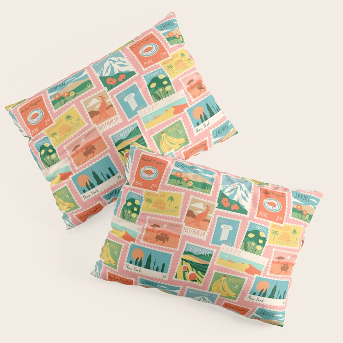 Vintage world travel postage stamp sticker pattern Pillow Sham Gallery Image 1