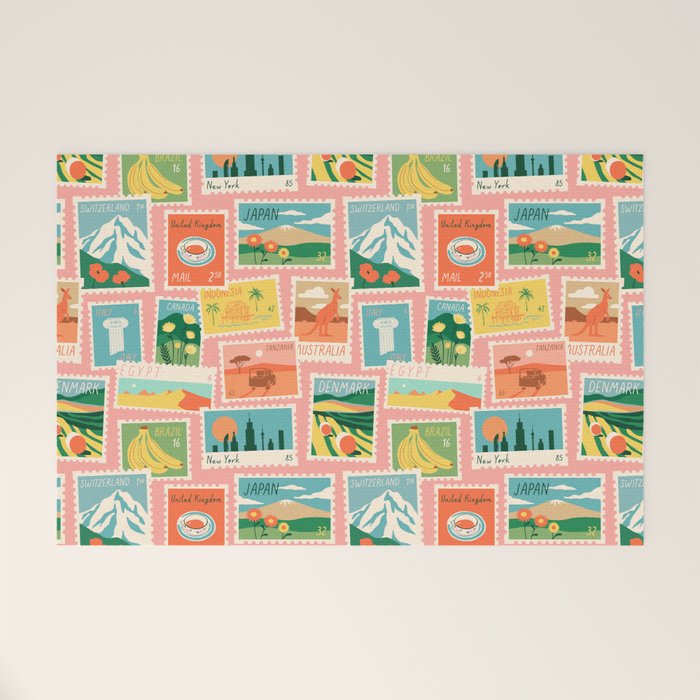 Vintage world travel postage stamp sticker pattern Welcome Mat Gallery Image 1