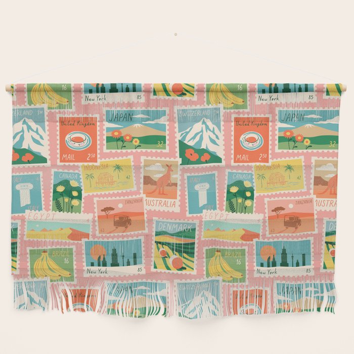 Vintage world travel postage stamp sticker pattern Wall Hanging Gallery Image 1