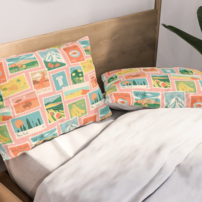 Vintage world travel postage stamp sticker pattern Pillow Sham Gallery Image 2