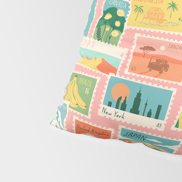Vintage world travel postage stamp sticker pattern Pillow Sham Gallery Image 4