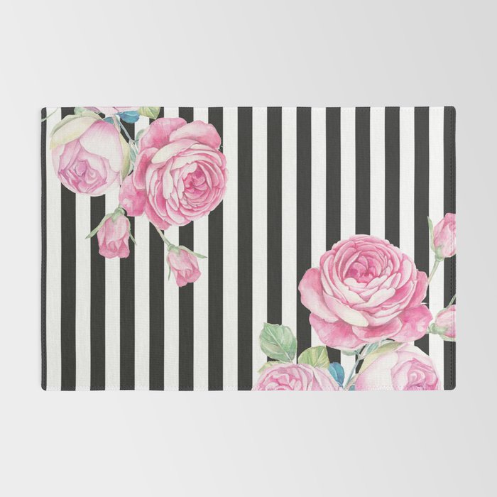 Black white blush pink watercolor floral stripes Rug Gallery Image 2