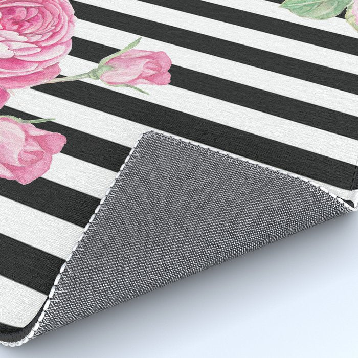 Black white blush pink watercolor floral stripes Rug Gallery Image 4