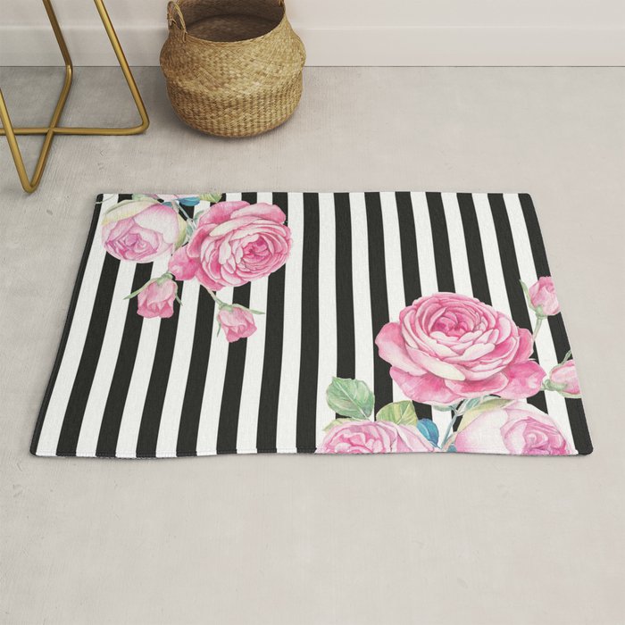 Black white blush pink watercolor floral stripes Rug Gallery Image 1