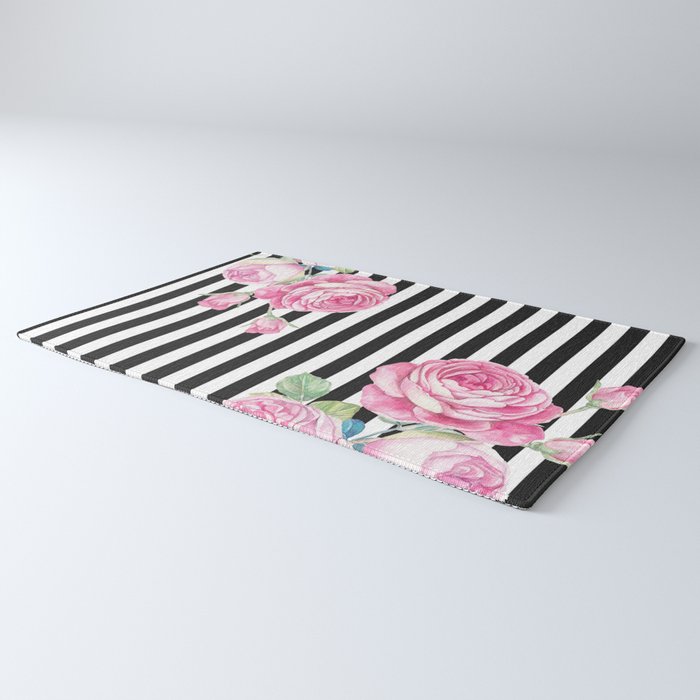 Black white blush pink watercolor floral stripes Rug Gallery Image 3