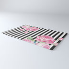 Black white blush pink watercolor floral stripes Rug Gallery Image 3